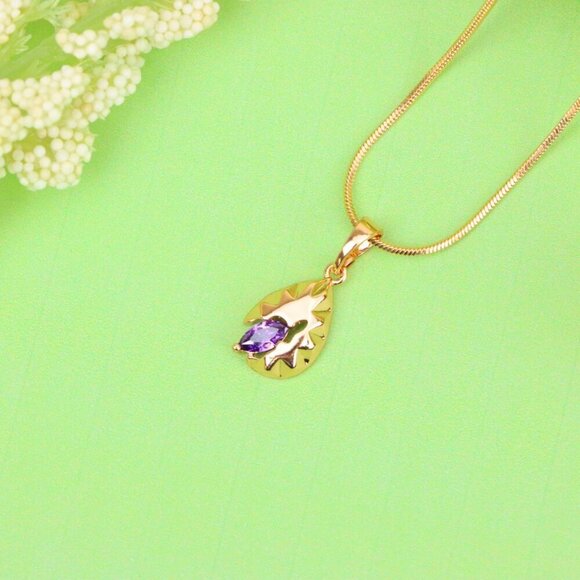 "Gold Teardrop Pendant with Marquise Purple Stone and Artistic Texture, XPPT1723 - Picture 13 of 13